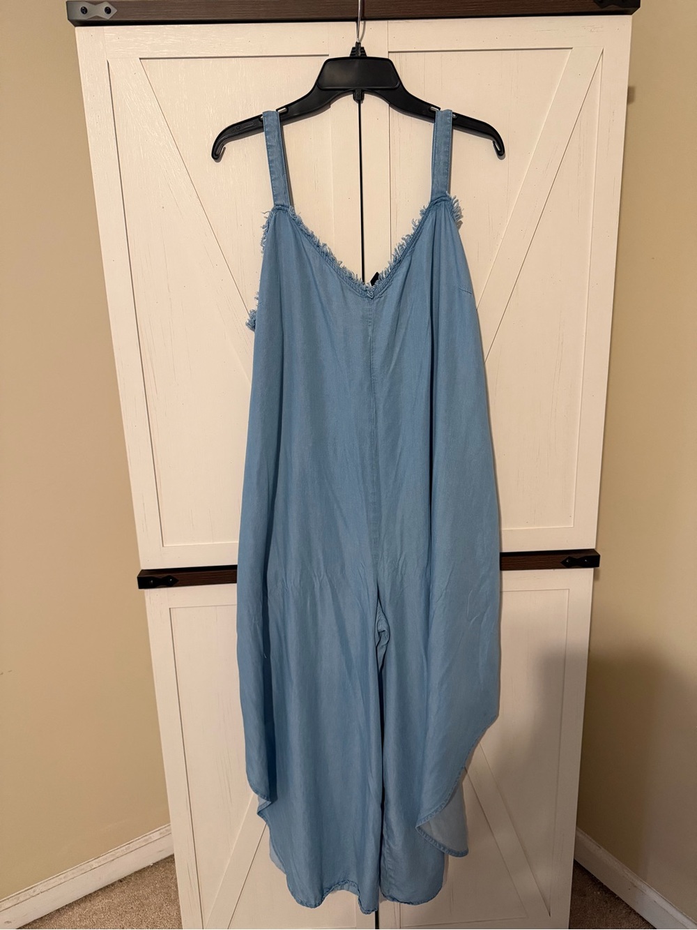 Cato Dusty Blue Wide-Leg Frayed-Trim Jumpsuit